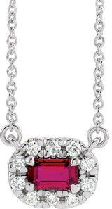 Platinum Emerald Lab-Grown Ruby & Natural Diamond French-Set Halo-Style Necklace