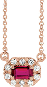 14K Gold Emerald Natural Ruby & Natural Diamond French-Set Halo-Style Necklace - Rose Gold