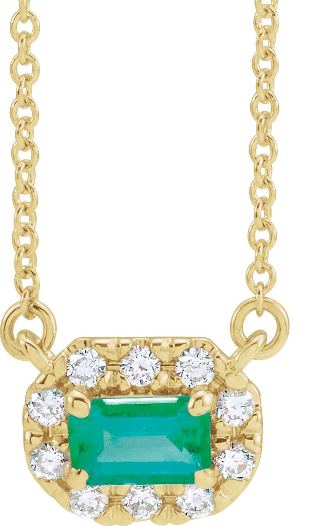 14K Gold Emerald Lab-Grown Emerald & Natural Diamond French-Set Halo-Style Necklace - Yellow Gold
