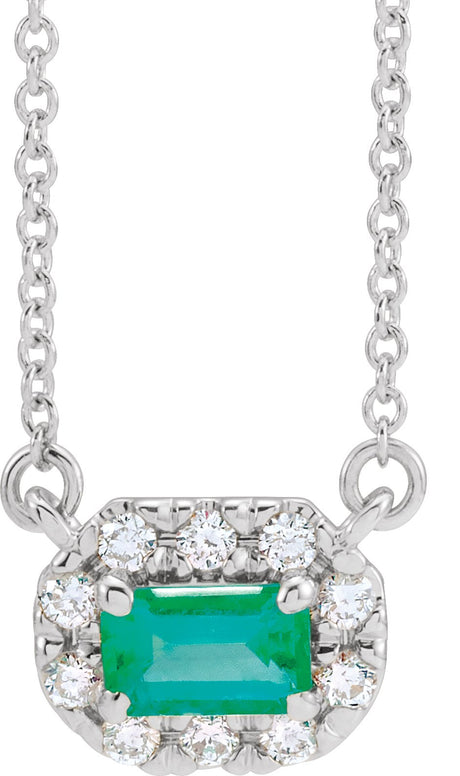 Platinum Emerald Lab-Grown Emerald & Natural Diamond French-Set Halo-Style Necklace