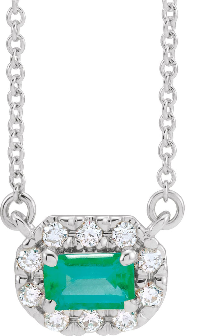 14K Gold Emerald Natural Emerald & Natural Diamond French-Set Halo-Style Necklace - White Gold