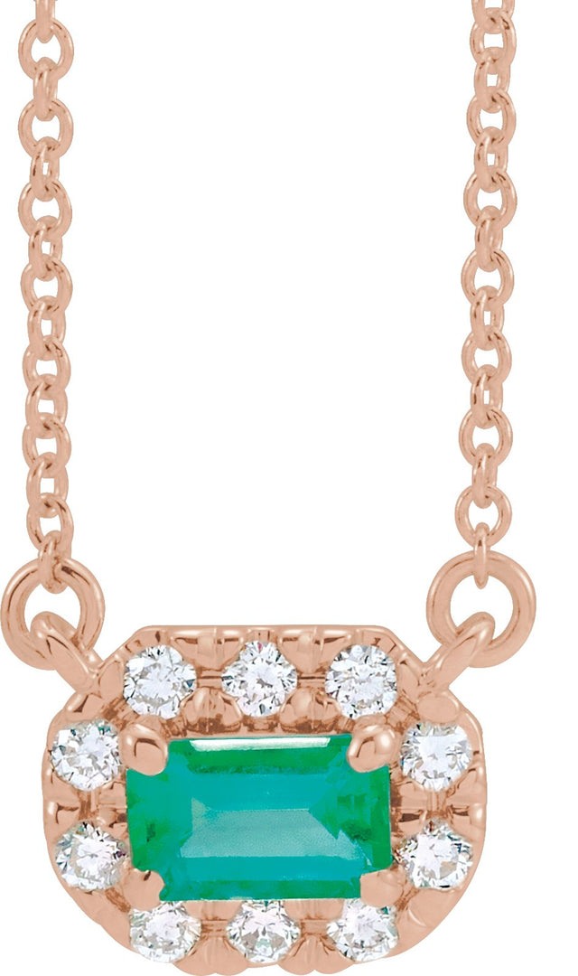 14K Gold Emerald Lab-Grown Emerald & Natural Diamond French-Set Halo-Style Necklace - Rose Gold