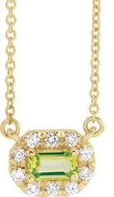 14K Gold Emerald Natural Peridot & Natural Diamond French-Set Halo-Style Necklace - Yellow Gold