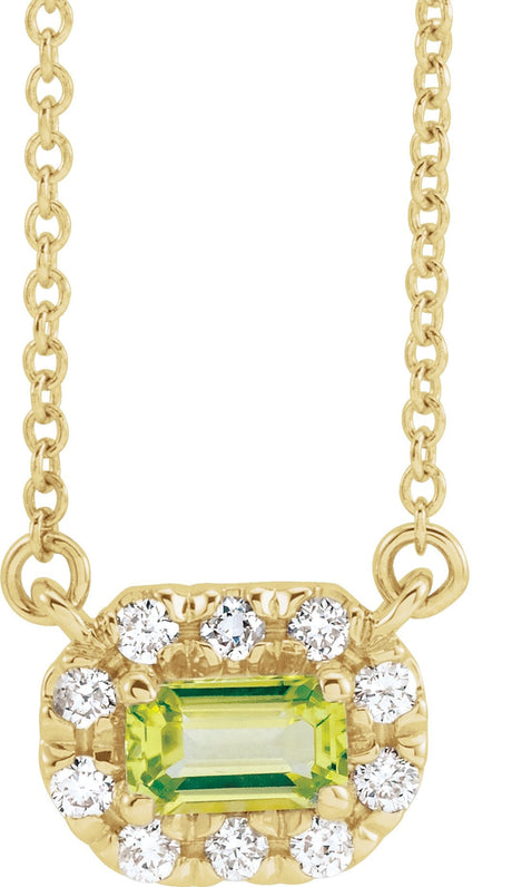 14K Gold Emerald Natural Peridot & Natural Diamond French-Set Halo-Style Necklace - Yellow Gold