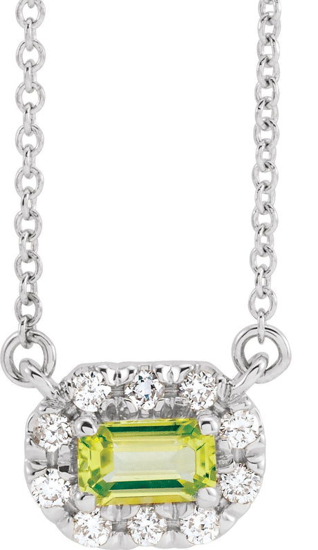 Platinum Emerald Natural Peridot & Natural Diamond French-Set Halo-Style Necklace