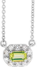 14K Gold Emerald Natural Peridot & Natural Diamond French-Set Halo-Style Necklace - White Gold
