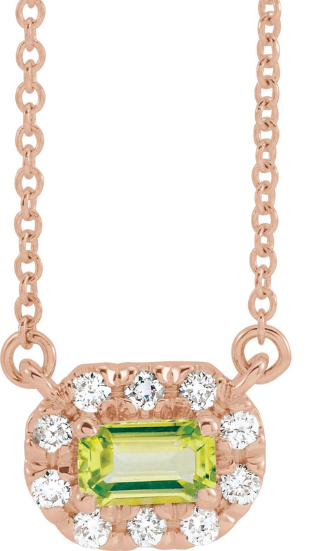 14K Gold Emerald Natural Peridot & Natural Diamond French-Set Halo-Style Necklace - Rose Gold