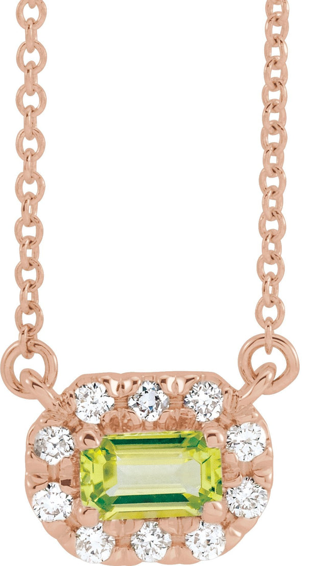 14K Gold Emerald Natural Peridot & Natural Diamond French-Set Halo-Style Necklace - Rose Gold