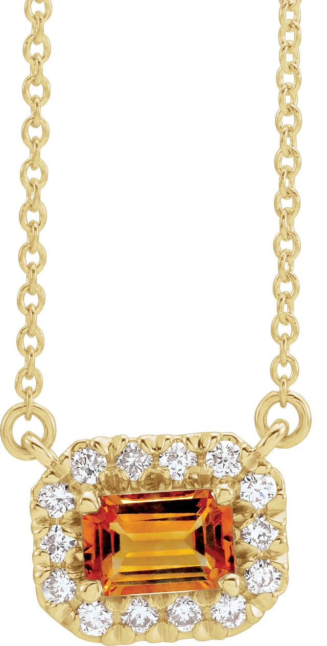 14K Gold Emerald Natural Citrine & Natural Diamond French-Set Halo-Style Necklace - Yellow Gold