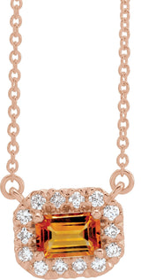 14K Gold Emerald Natural Citrine & Natural Diamond French-Set Halo-Style Necklace - Rose Gold