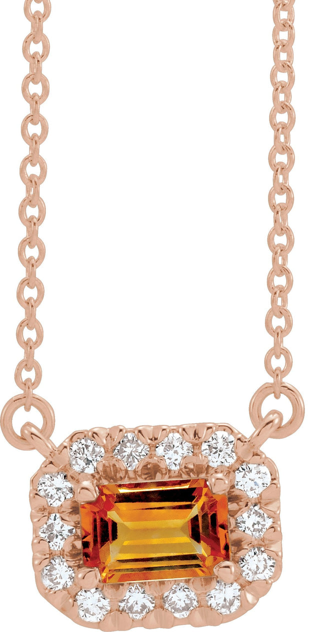 14K Gold Emerald Natural Citrine & Natural Diamond French-Set Halo-Style Necklace - Rose Gold