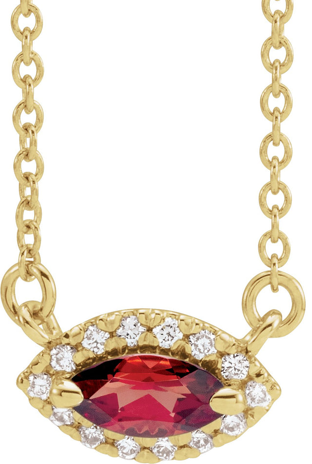 14K Gold Marquise Natural Mozambique Garnet & Natural Diamond French-Set Halo-Style Necklace - Yellow Gold