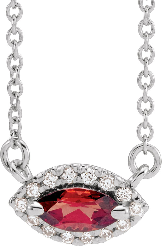 Platinum Marquise Natural Mozambique Garnet & Natural Diamond French-Set Halo-Style Necklace