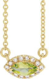 14K Gold Marquise Natural Peridot & Natural Diamond French-Set Halo-Style Necklace - Yellow Gold