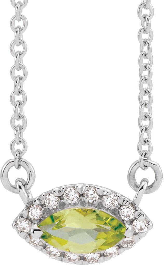 14K Gold Marquise Natural Peridot & Natural Diamond French-Set Halo-Style Necklace - White Gold