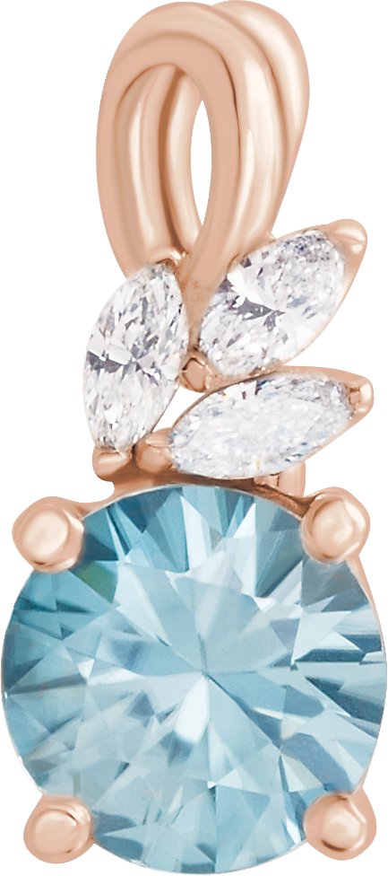 14K Gold Round Natural Blue Zircon & Natural Diamond Accented Floral Necklace or Pendant - Rose Gold