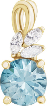 14K Gold Round Natural Blue Zircon & Natural Diamond Accented Floral Necklace or Pendant - Yellow Gold