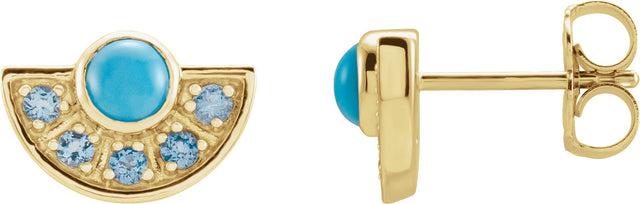14K Gold Round Natural Turquoise & Natural Aquamarine Fan Earrings - Yellow Gold