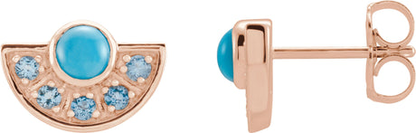 14K Gold Round Natural Turquoise & Natural Aquamarine Fan Earrings - Rose Gold