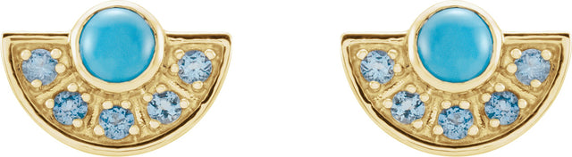 14K Gold Round Natural Turquoise & Natural Aquamarine Fan Earrings - Yellow Gold - view 2
