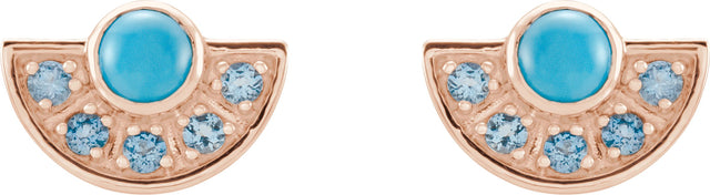 14K Gold Round Natural Turquoise & Natural Aquamarine Fan Earrings - Rose Gold - view 2