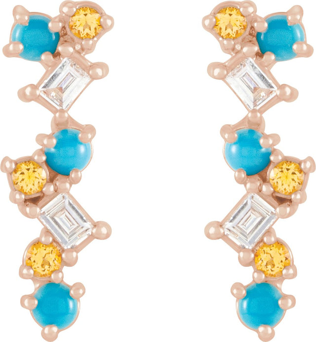 14K Gold Natural Turquoise & Natural Honey Topaz & Natural Diamond Scattered Bar Earrings - Rose Gold - view 2