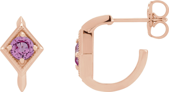 14K Gold Round Natural Pink Sapphire Geometric Hoop Earrings - Rose Gold