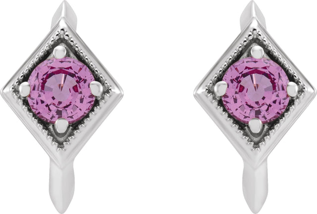 14K Gold Round Natural Pink Sapphire Geometric Hoop Earrings - White Gold - view 2