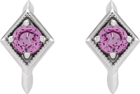 Platinum Round Natural Pink Sapphire Geometric Hoop Earrings - view 2