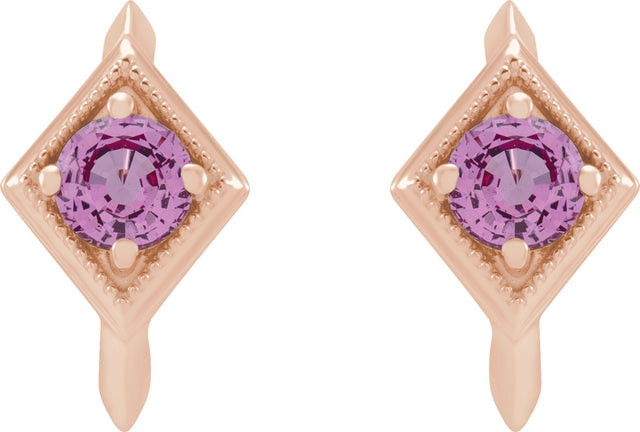 14K Gold Round Natural Pink Sapphire Geometric Hoop Earrings - Rose Gold - view 2