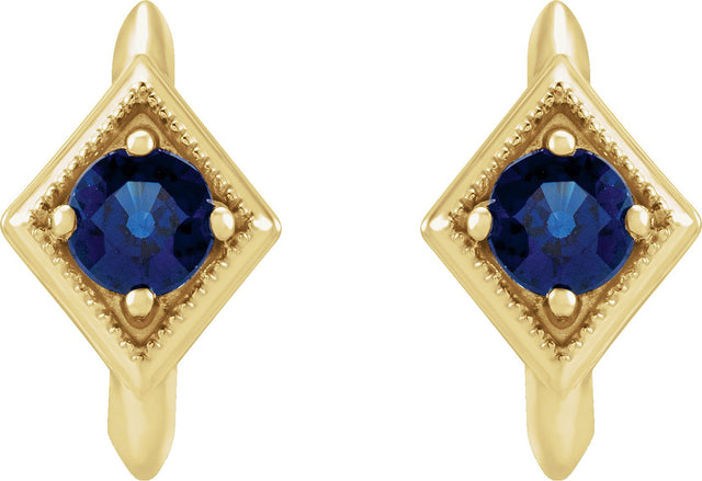14K Gold Round Natural Blue Sapphire Geometric Hoop Earrings - Yellow Gold - view 2