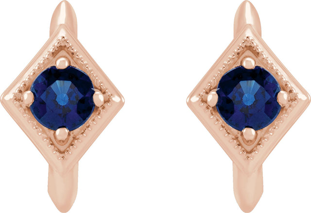 14K Gold Round Natural Blue Sapphire Geometric Hoop Earrings - Rose Gold - view 2