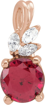 14K Gold Round Lab-Grown Ruby & Natural Diamond Accented Floral Necklace or Pendant - Rose Gold