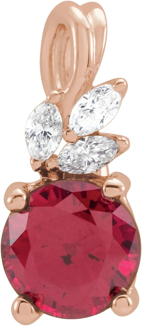 14K Gold Round Lab-Grown Ruby & Natural Diamond Accented Floral Necklace or Pendant - Rose Gold
