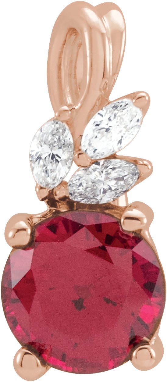 14K Gold Round Lab-Grown Ruby & Natural Diamond Accented Floral Necklace or Pendant - Rose Gold