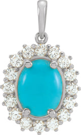 Platinum Oval Natural Turquoise & Natural Diamond Halo-Style Necklace or Pendant