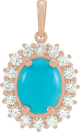 14K Gold Oval Natural Turquoise & Natural Diamond Halo-Style Necklace or Pendant – 8x6mm - Rose Gold
