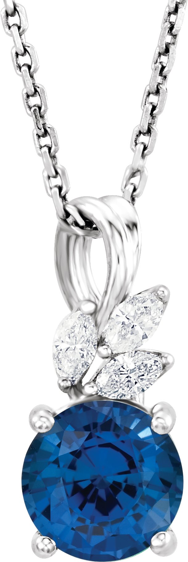 Platinum Round Lab-Grown Blue Sapphire & Natural Diamond Accented Floral Necklace or Pendant