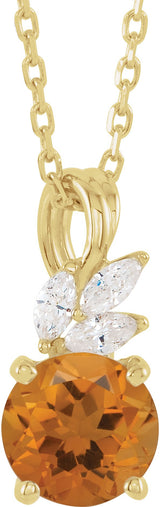 14K Gold Round Natural Citrine & Natural Diamond Accented Floral Necklace or Pendant - Yellow Gold