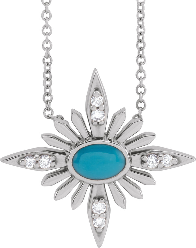 Platinum Oval Natural Turquoise & Natural Diamond Star Necklace or Pendant