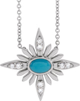 14K Gold Oval Natural Turquoise & Natural Diamond Star Necklace or Pendant - White Gold