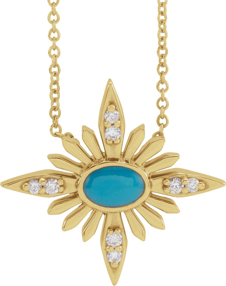 14K Gold Oval Natural Turquoise & Natural Diamond Star Necklace or Pendant - Yellow Gold