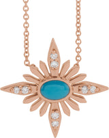 14K Gold Oval Natural Turquoise & Natural Diamond Star Necklace or Pendant - Rose Gold
