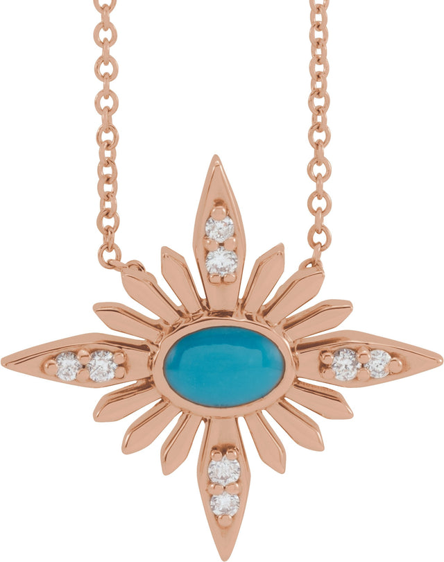 14K Gold Oval Natural Turquoise & Natural Diamond Star Necklace or Pendant - Rose Gold