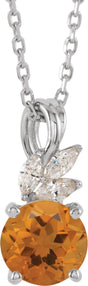 Platinum Round Natural Citrine & Natural Diamond Accented Floral Necklace or Pendant