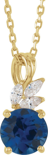14K Gold Round Lab-Grown Blue Sapphire & Natural Diamond Accented Floral Necklace or Pendant - Yellow Gold