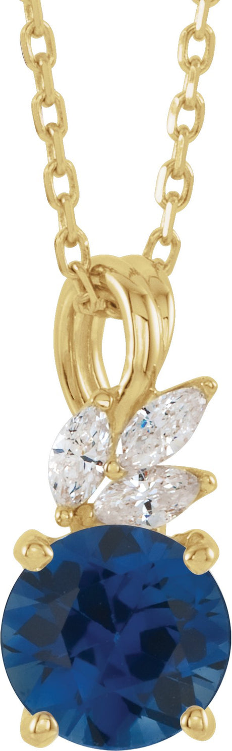 14K Gold Round Lab-Grown Blue Sapphire & Natural Diamond Accented Floral Necklace or Pendant - Yellow Gold