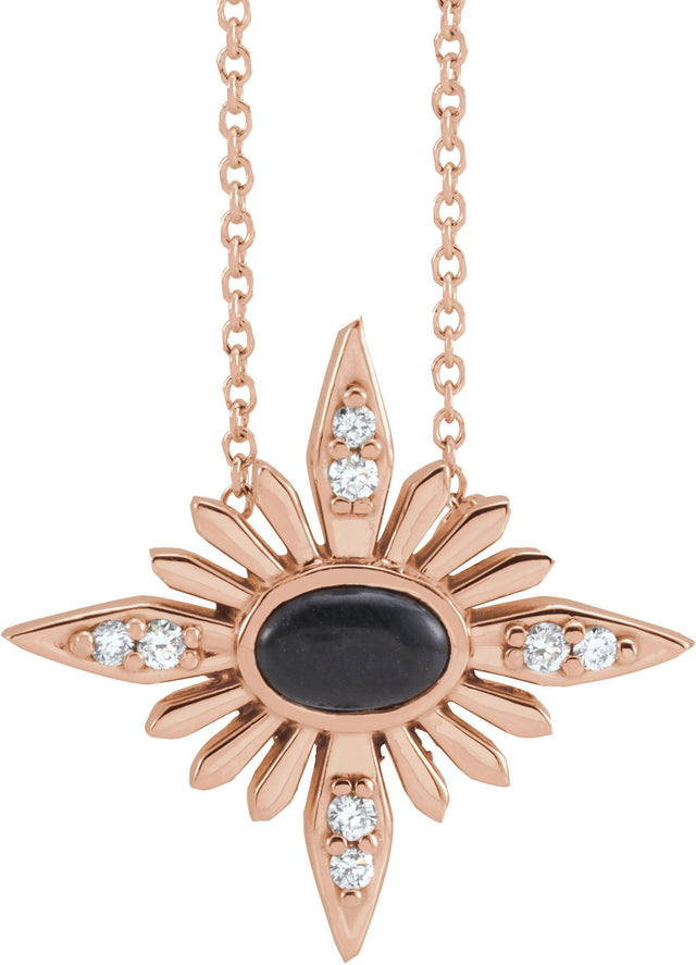 14K Gold Oval Natural Black Onyx & Natural Diamond Star Necklace or Pendant - Rose Gold