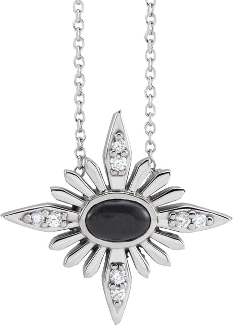 Platinum Oval Natural Black Onyx & Natural Diamond Star Necklace or Pendant
