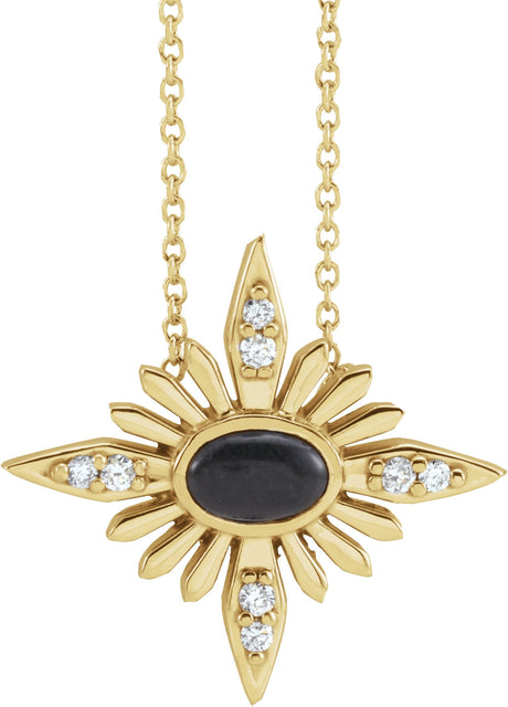 14K Gold Oval Natural Black Onyx & Natural Diamond Star Necklace or Pendant - Yellow Gold